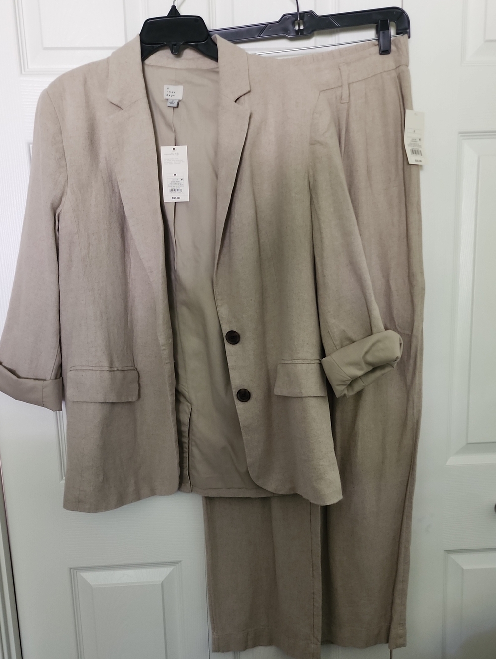 Neutral Beige Linen-Blend Jacket - Size M And Pants - Size 6